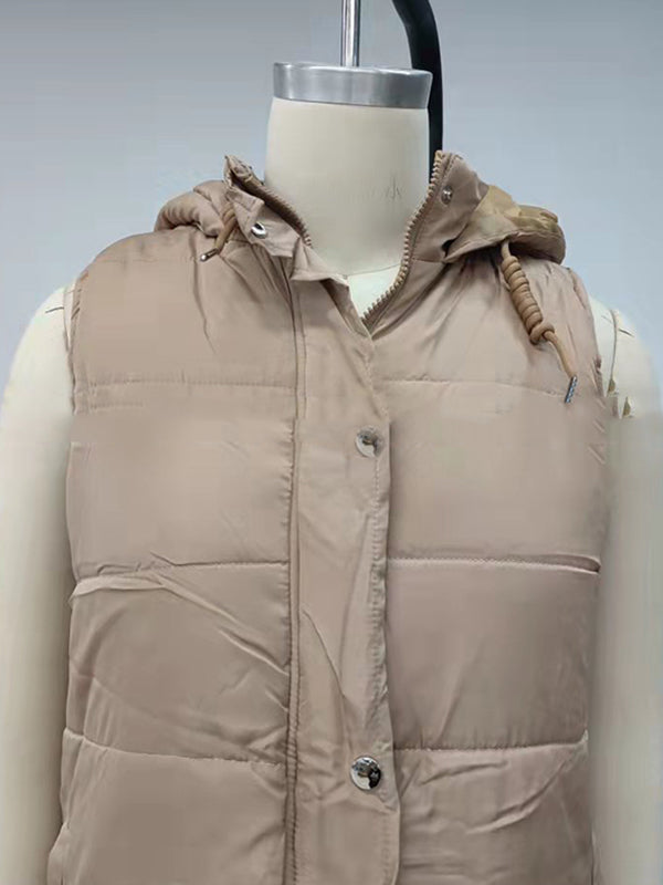 Buttoned Drawstring Keep Warm Solid Color Split-Joint Zipper Hooded Sleeveless Vest Outerwear Padded Coat