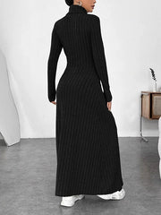 Pleated Solid Color Split-Joint Long Sleeves High Neck Maxi Dresses