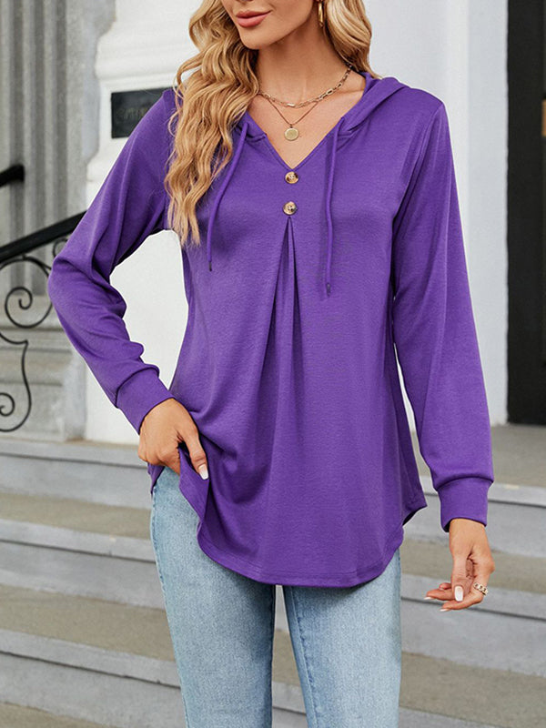 Buttoned Drawstring Hooded Solid Color Long Sleeves Loose V-Neck T-Shirts Tops