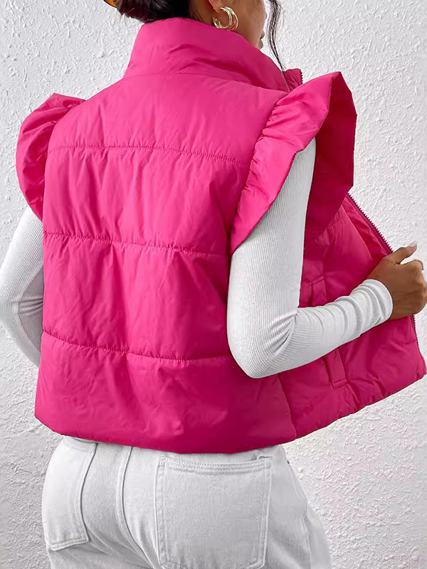 Pleated Solid Color Split-Joint Flared Sleeves High Neck Padded Vest