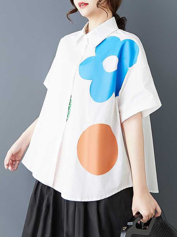 Buttoned Flower Print Loose Short Sleeves Lapel Blouses&Shirts Tops