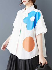 Buttoned Flower Print Loose Short Sleeves Lapel Blouses&Shirts Tops