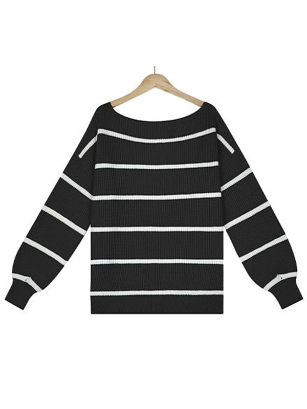 Long Sleeves Striped Off-The-Shoulder Sweater Tops