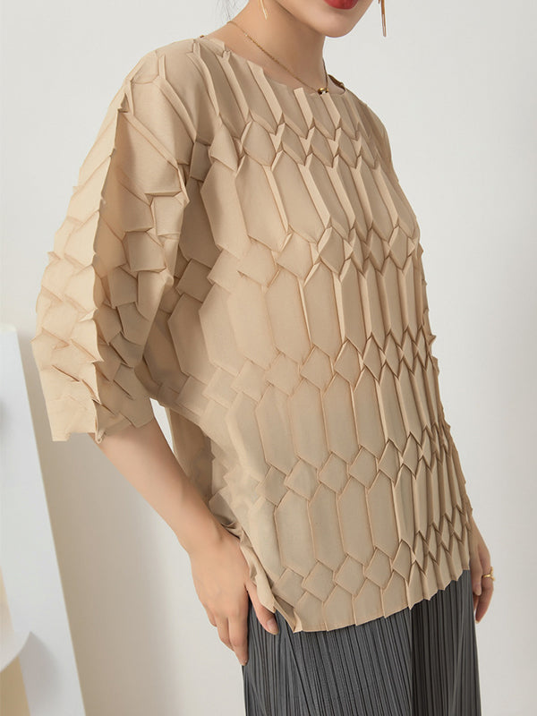 Original Loose Half Sleeves Pleated Solid Color Round-Neck T-Shirts Tops
