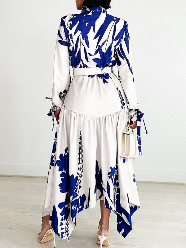 Lace-Up Pleated Printed Split-Joint Tied Waist Irregular clipping Long Sleeves Lapel Shirt Dress Maxi Dresses
