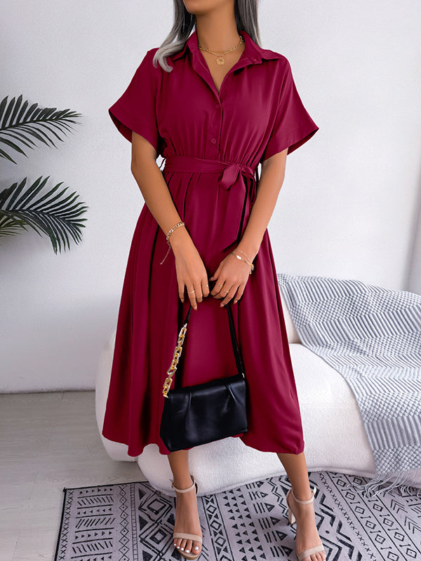 Solid Color Split-Joint Tied Waist Loose Short Sleeves Lapel Shirt Dress Midi Dresses