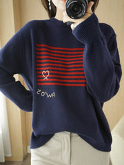 Casual Loose Long Sleeves Striped Round-Neck Sweater Tops