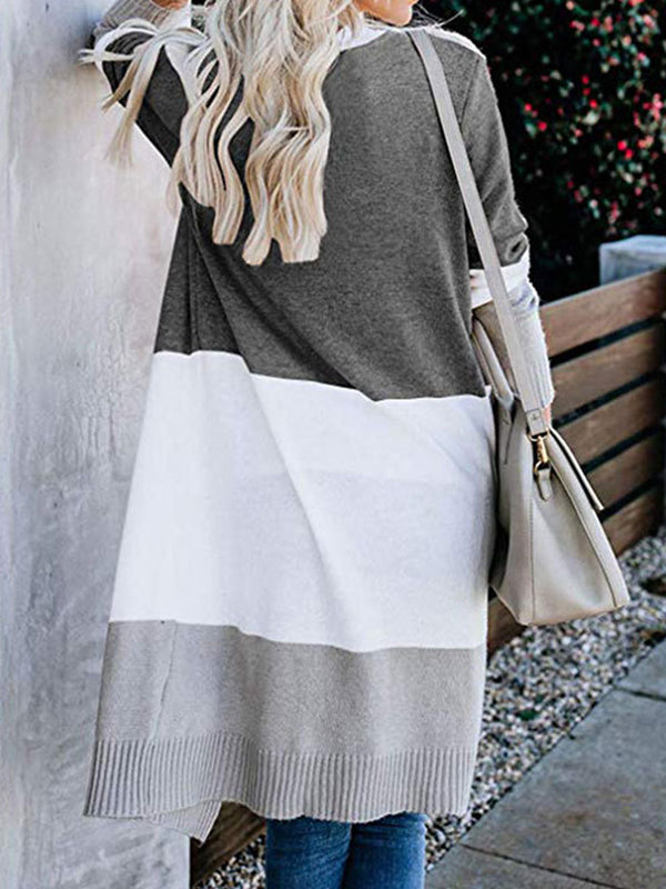 Contrast Color Long Sleeves Loose V-Neck Cardigan Tops