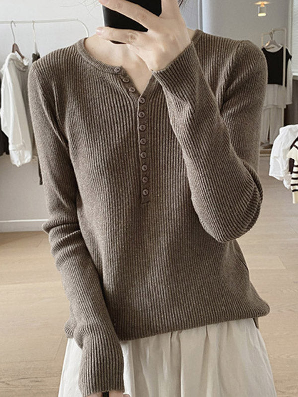 Buttoned Solid Color Long Sleeves Round-Neck Sweater Tops Pullovers