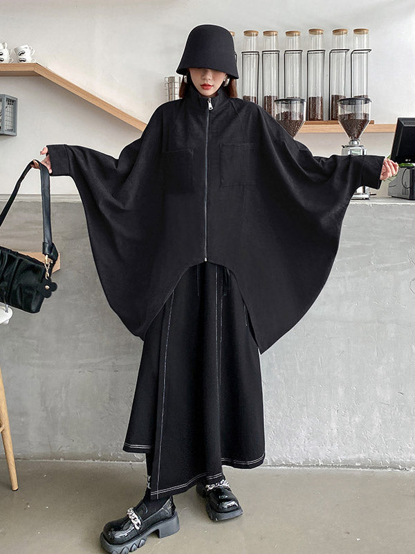 Casual Batwing Sleeves Loose Drawstring Zipper Stand Collar Jackets&Coats
