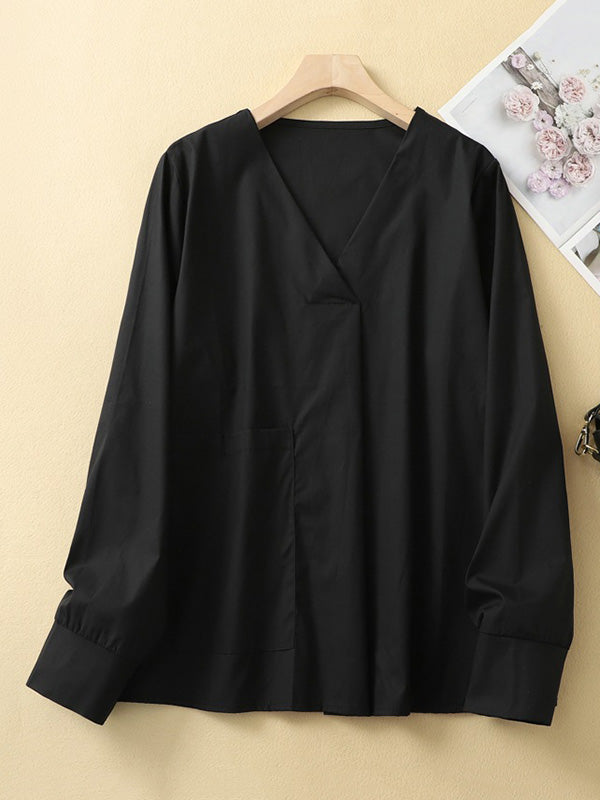 Pockets Solid Color Long Sleeves Loose V-Neck Blouses&Shirts Tops