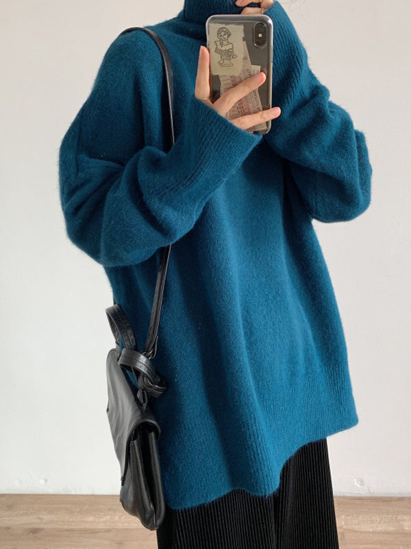 Solid Color Split-Side Long Sleeves Loose High-Neck Sweater Tops Pullovers Knitwear
