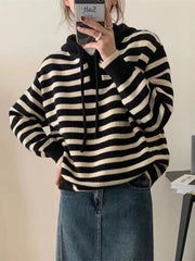 Contrast Color Drawstring Velvet Hooded Long Sleeves V-Neck Sweater Tops Pullovers