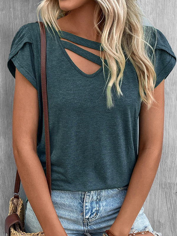Solid Color Loose Short Sleeves V-neck T-Shirts Tops