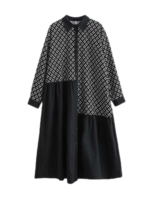 Asymmetric Buttoned Pleated Printed Split-Joint A-Line Long Sleeves Lapel Midi Dresses