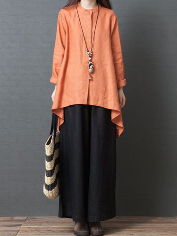 Linen Solid Color Round-Neck Puff Sleeve Blouse Tops