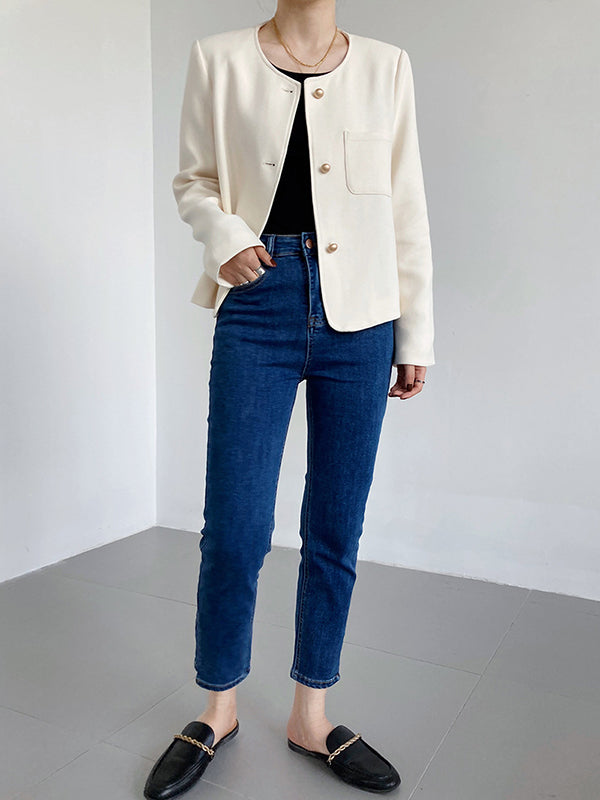 Original Creation Long Sleeves Loose Buttoned Solid Color Round-Neck Outerwear