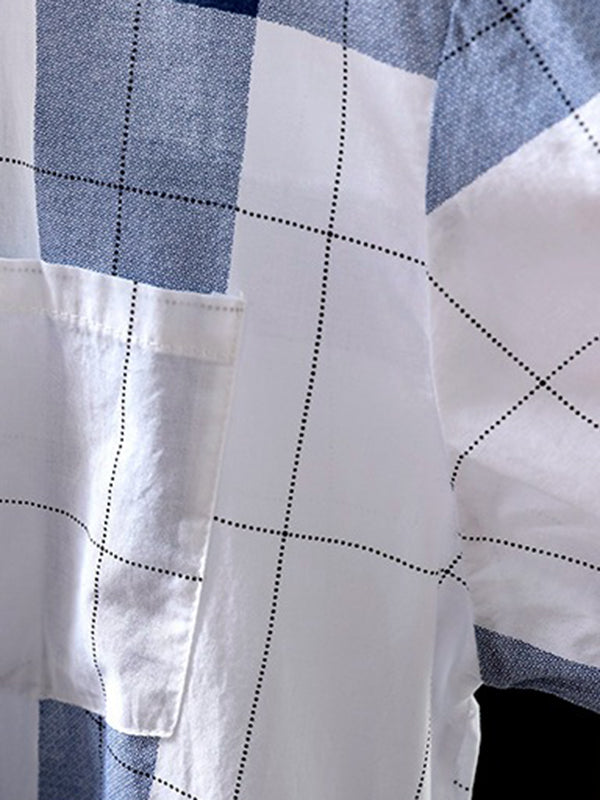 Contrast Color Plaid Sun Protection Long Sleeves Loose Lapel Collar Blouses&Shirts Tops