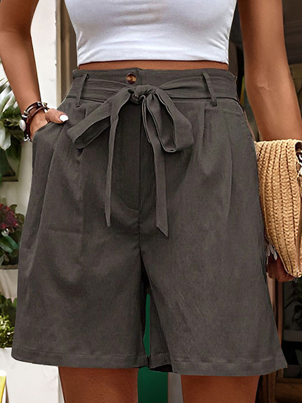 Buttoned Elasticity Pleated Pockets Tied Waist High Waisted Loose Shorts Bottoms