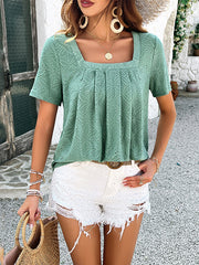 Hollow Pleated Solid Color Loose Short Sleeves Square-Neck T-Shirts Tops