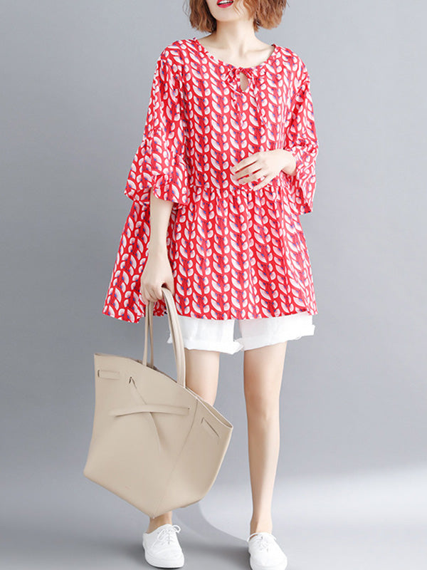 Artistic Retro Loose Half Sleeves Printed Pleated Falbala Round-Neck T-Shirts Tops