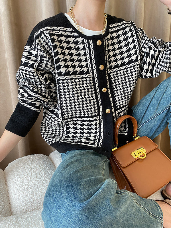 Long Sleeves Loose Contrast Color Houndstooth Split-Joint Round-Neck Cardigan Tops
