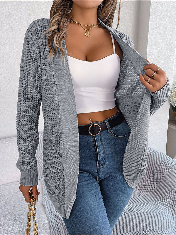 Pockets Solid Color Split-Joint Long Sleeves Loose Collarless Cardigan Tops