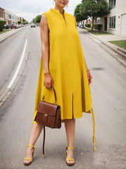 Solid Color Split-Front A-Line High-Low V-Neck Midi Dresses