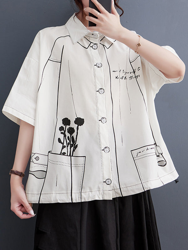 Contrast Color Printed Split-Joint Loose Short Sleeves Lapel Blouses