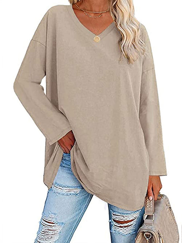 See-Through Solid Color Split-Joint Long Sleeves Loose V-neck T-shirts