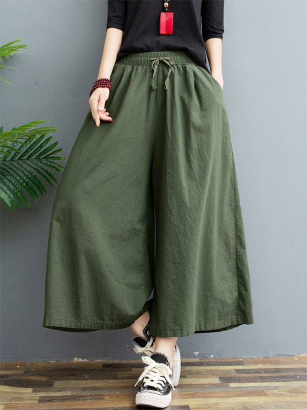 Simple Wide Leg Loose Drawstring Solid Color Casual Pants Bottoms