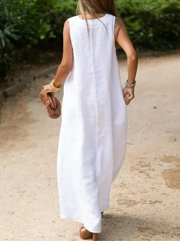 Pockets Solid Color Loose Sleeveless V-Neck Maxi Dresses