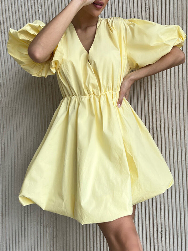 Pleated Solid Color Split-Joint Loose Puff Sleeves V-Neck Mini Dresses