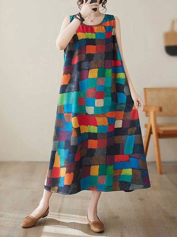 Contrast Color Multi-Colored Plaid Loose Sleeveless Round-Neck Midi Dresses