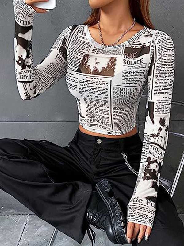 Letter Print Long Sleeves Skinny Round-Neck T-Shirts Tops