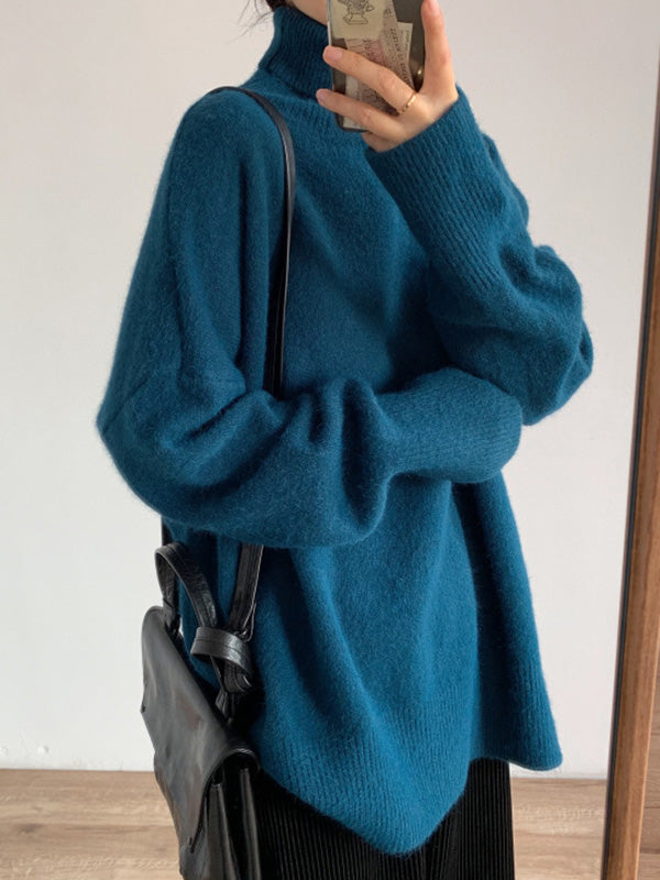 Solid Color Split-Side Long Sleeves Loose High-Neck Sweater Tops Pullovers Knitwear