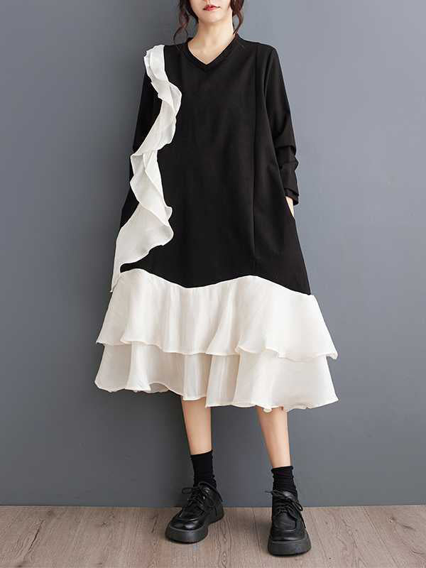 Contrast Color Pockets Ruffle Trim Split-Joint A-Line Long Sleeves V-Neck Midi Dresses