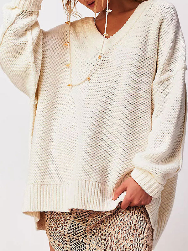 Solid Color Velvet Long Sleeves Loose V-Neck Sweater Tops Pullovers