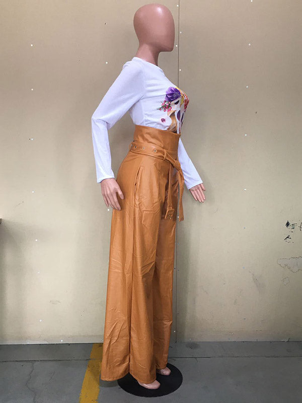 Belted Solid Color Zipper High Waisted Wide Leg Trousers Pants