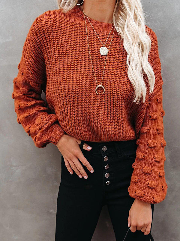 Hollow Solid Color Long Sleeves Loose Round-Neck Sweater Tops Pullovers Knitwear