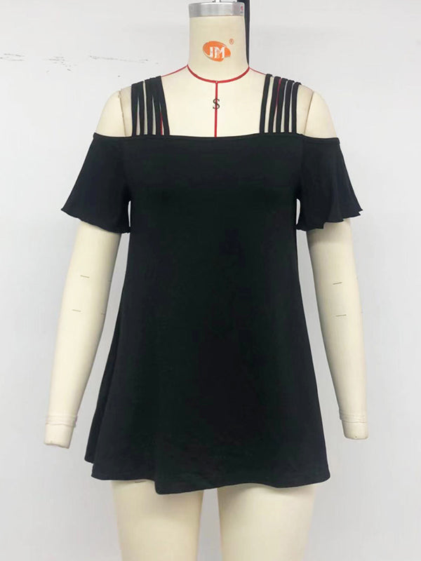 Solid Color Split-Joint Loose Ruffled Short Sleeves Cold shoulder T-Shirts Tops