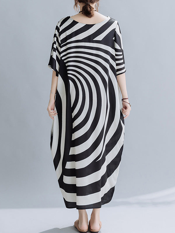Original Striped Irregularity Round-Neck Midi Dress