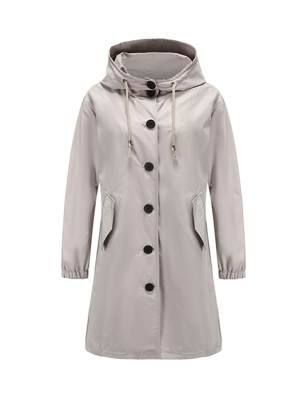 Buttoned Drawstring Elasticity Hooded Pockets Split-Back Waterproof Long Sleeves Loose High-Neck Trench Coats