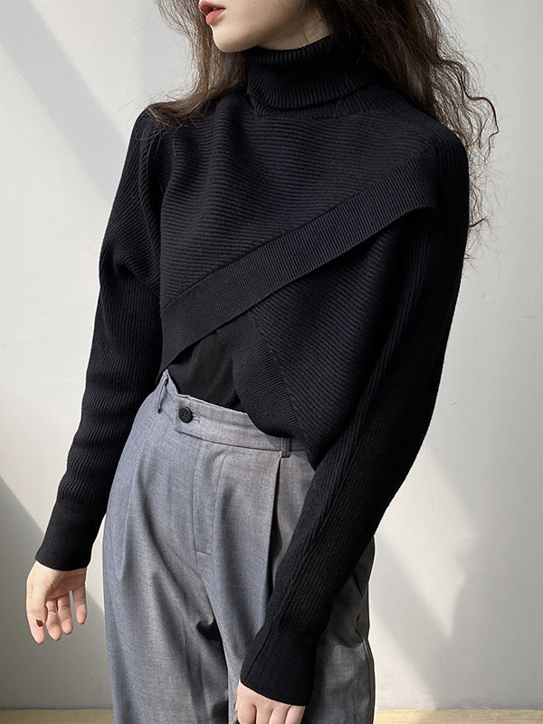 Asymmetric Solid Color Split-Front Long Sleeves High-Neck Sweater Pullovers Knitwear
