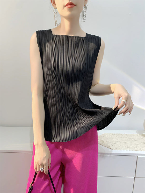 Pleated Solid Color Split-Joint Loose Sleeveless Square-Neck Vest Top