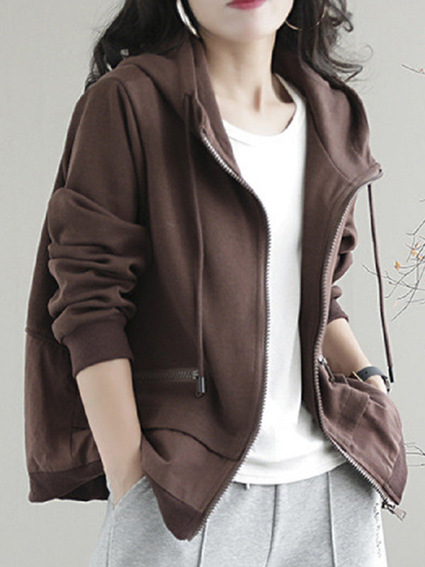 Artistic Retro Loose Long Sleeves Solid Color Zipper Hooded Outerwear