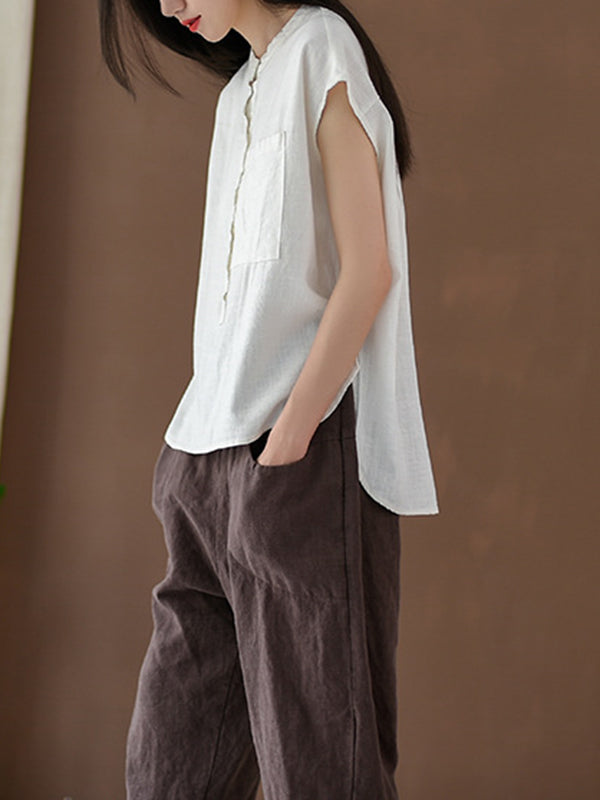 Solid Color Cap Sleeve High-Low Stand Collar Blouses&Shirts Tops