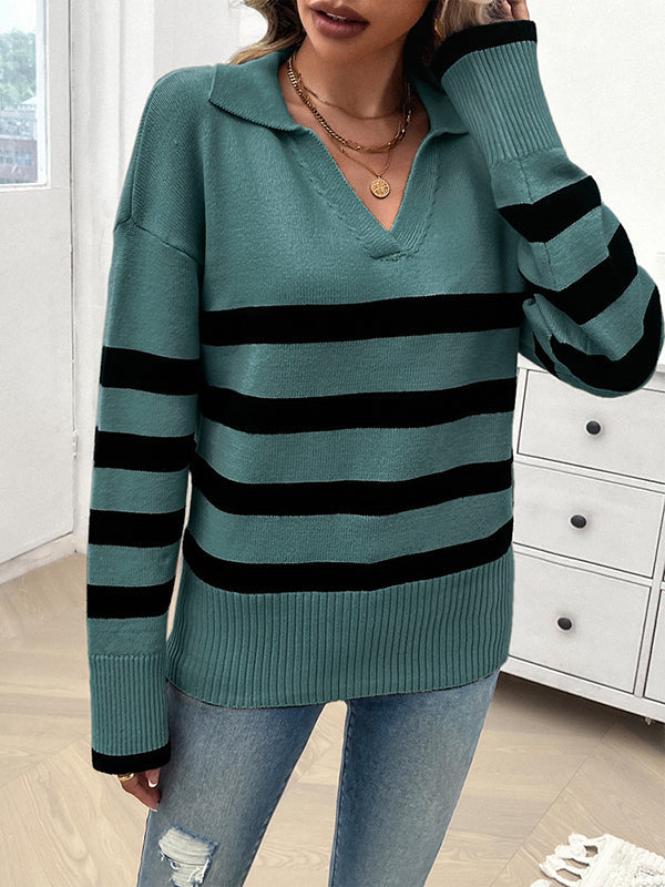 Contrast Color Striped Long Sleeves Loose Lapel Sweater Tops Pullovers