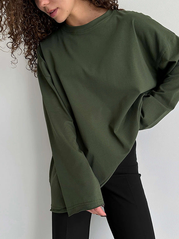 Solid Color Long Sleeves Loose Round-Neck T-Shirts Tops