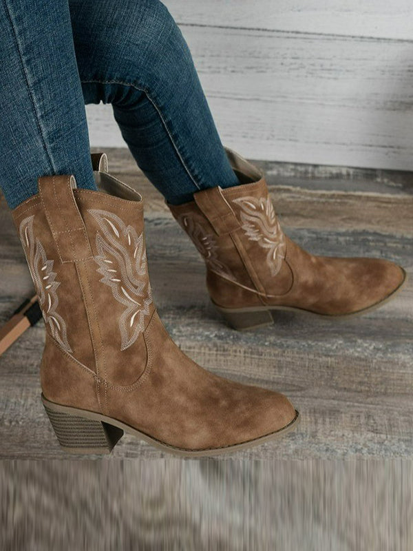 Embroidered Round-Toe Split-Joint Pumps Boots